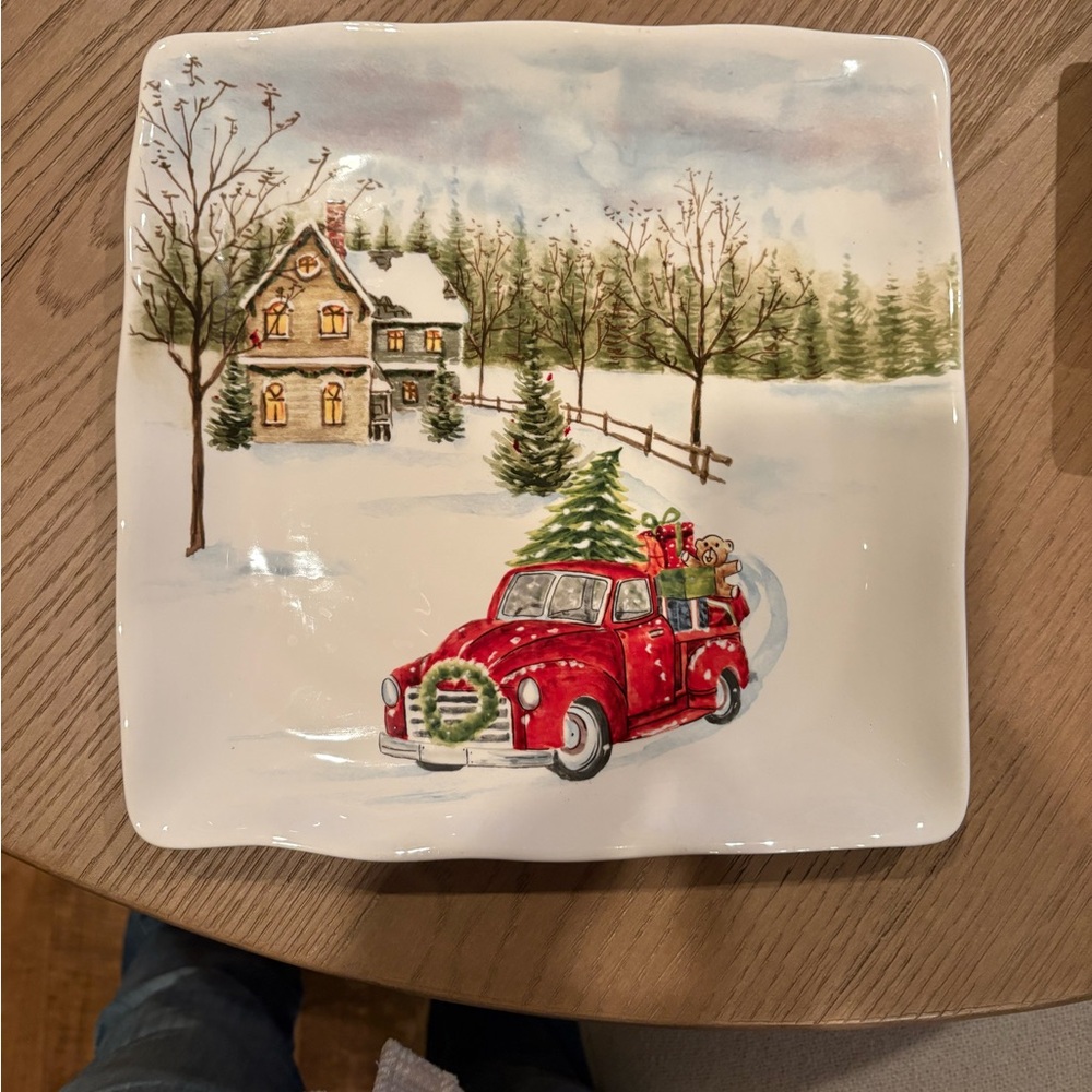 Festive Red Car Winter Scene Platter